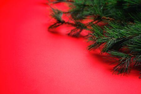 Christmas or New Year decorations background: Christmas tree branches on a red background with space for textの写真素材