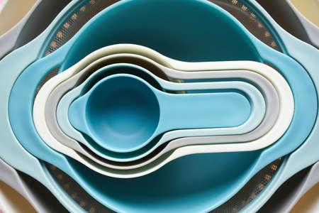 Kitchen utensils, set of bowls close-up. Top view.の写真素材