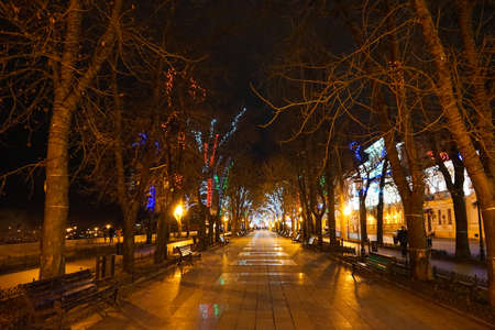 A wide boulevard decorated with Christmas lights. Primorsky Boulevard, Odessa, Ukraineの写真素材