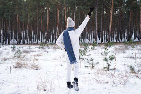 Fashion young woman in winter forest.の写真素材