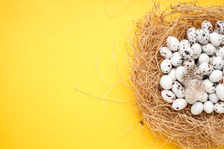 Easter quail eggs in a nest on a yellow background, space for text. Top view.
