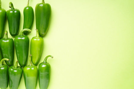Jalapeno green peppers, on a light green background, copy space, top view.
