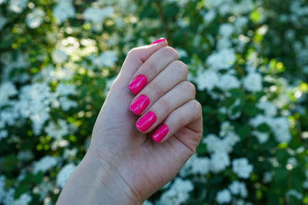 Female hand and a beautiful manicure against the backdrop of blooming flowers, close-up.の写真素材