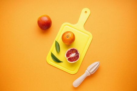 Sliced and whole blood oranges and a wooden juicer on an orange background. top view.の写真素材