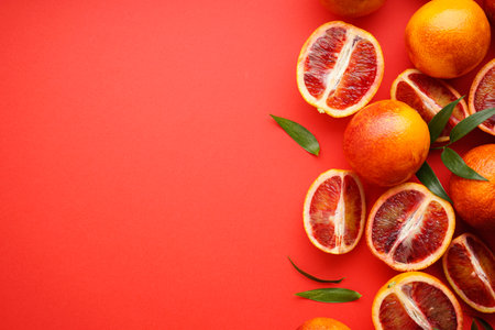 Sliced and whole ripe blood oranges with sprigs of green leaves on a red background, space for text,...