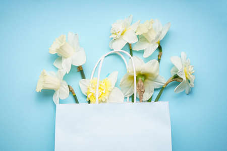 Yellow daffodils flowers in a white paper bag on a light blue background, top view.の写真素材