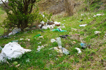 A pile of rubbish in a clearing in the countryside on a spring day. out of focus. Concept of ecology.の写真素材