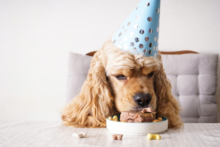 American Cocker Spaniel at a table with holiday treat, dog birthday, close-up.