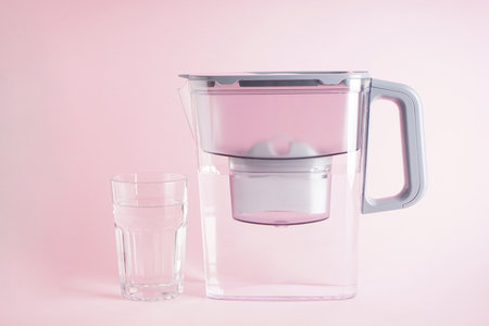 Water filter jug and a glass of water on pink background.の写真素材