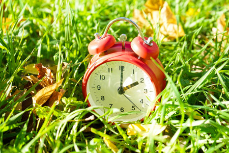 Time change, classic red alarm clock outside on grass covered with fall color of yellow leaves.の写真素材