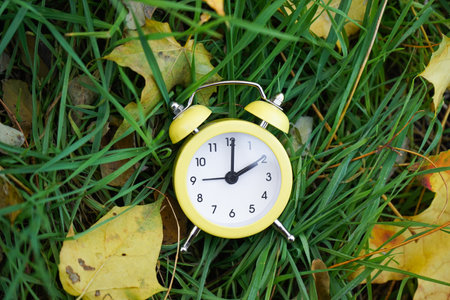 Time change, classic yellow alarm clock outside on grass covered with fall color of yellow leaves.の写真素材