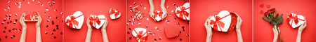 Collage for Valentine's Day. Female hands with gift box on red background, Mothers Day.の写真素材