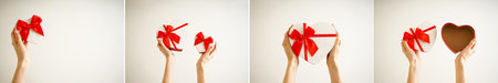 Collage of gift boxes in the form of a heart in hands for valentine's day.の写真素材