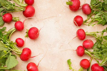 Ripe red radish with green leaves on a beige background, fresh red radish. Space for text, close-up.の写真素材