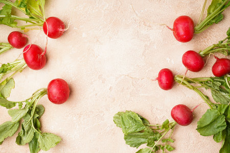 Ripe red radish with green leaves on a beige background, fresh red radish. Space for text, close-up.の写真素材