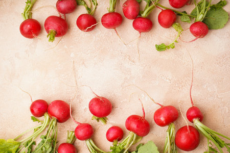 Ripe red radish with green leaves on a beige background, fresh red radish. Space for text, close-up.の写真素材