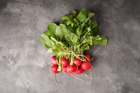 Red radish bunch on a gray background, top view.の写真素材