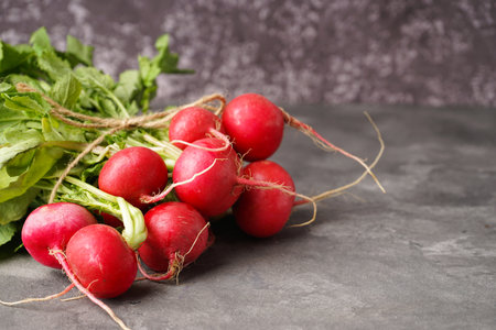 Red radish bunch on a gray background with space for text, close-up.の写真素材