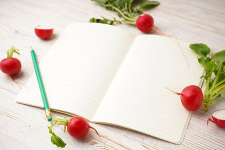 Fresh red radish and notebook on white wooden background. Space for text.の写真素材