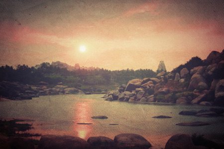 Sunset on a relaxing landscape - Hampi in Indiaの写真素材