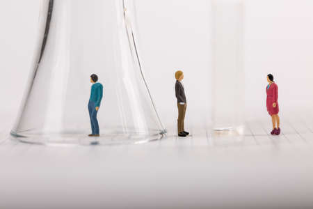 Social distancing, people keeping distance to protect COVID-19 coronavirus outbreak spreading concept, miniature keep distance each otherの写真素材