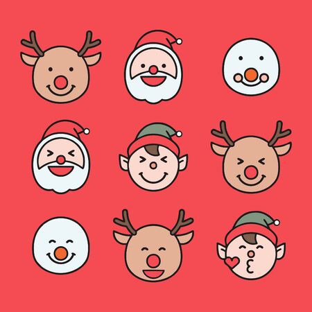 Santa, Rudolph reindeer, elf and snowman emoticon set isolatedのイラスト素材