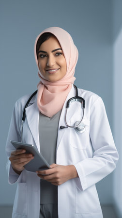 Portrait of smiling muslim female doctor with stethoscope and digital tabletの素材