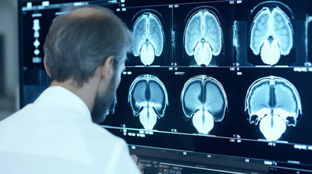 Doctor looking at x-ray image of brain in the hospital.の素材