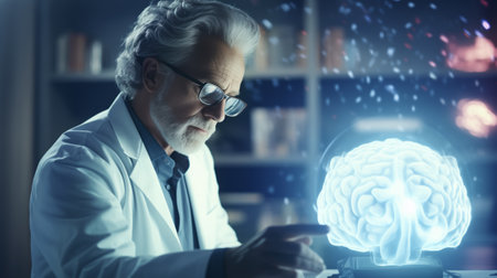 Senior male scientist using tablet computer with brain hologram. Medicine and healthcare concept. Double exposureの素材