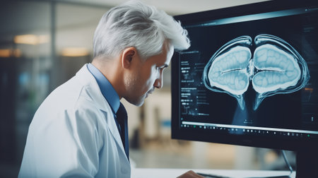 Doctor looking at x-ray image of brain on computer in clinicの素材