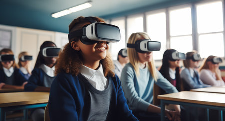 Smiling african american female student using virtual reality headset in classroomの素材