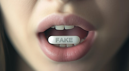 Close-up view of beautiful female mouth with word fake. Conceptual 3D renderingの素材