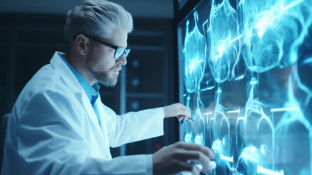 Handsome doctor working with x-ray image in medical officeの素材