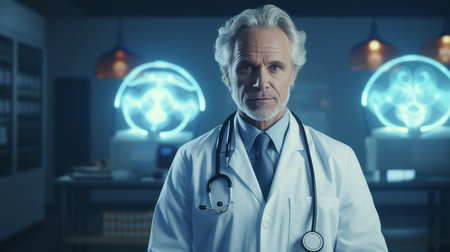 Portrait of senior male doctor with stethoscope against medical interfaceの素材