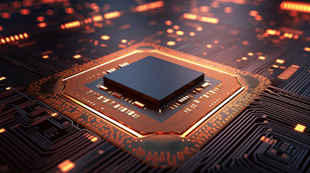 Circuit board with processor. 3d rendering, 3d illustration.の素材