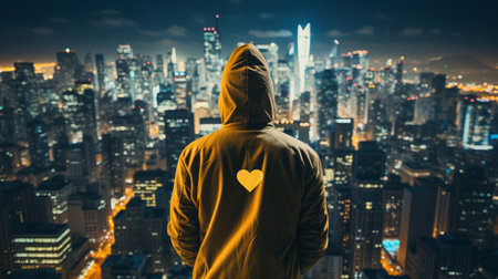 Man with hoodie looking at the city at night in New Yorkの素材