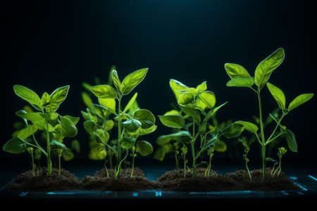 Young seedlings of pepper on a dark background. Seedlings in the groundの素材