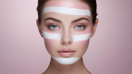 Beautiful young woman with pink and white lines on her face.の素材