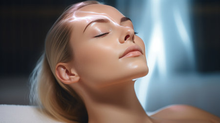 Portrait of a beautiful young woman with closed eyes in spa salonの素材