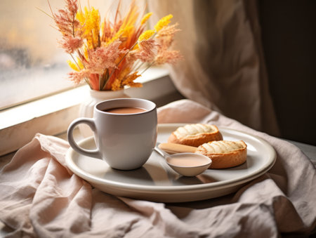 Cup of coffee and cookies on table near window, closeupの素材