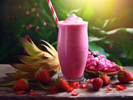 Strawberry smoothie in a glass and fresh strawberries on a wooden tableの素材