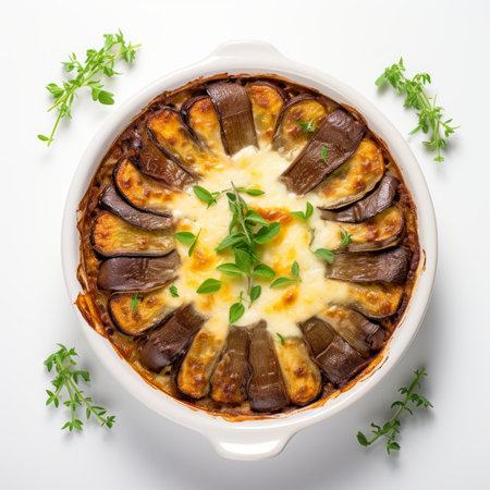 Greek Moussaka with cheese and thyme on a white backgroundの素材