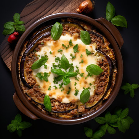 Baked eggplant with minced meat and cheese in a clay pot on a black backgroundの素材