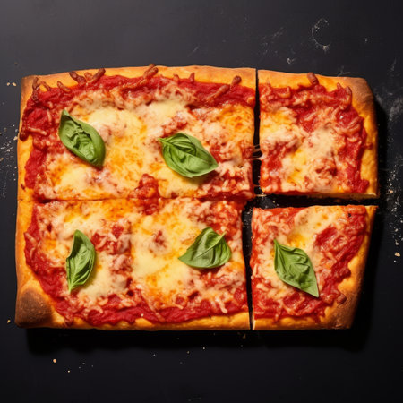 Pizza with mozzarella cheese and basil on a black backgroundの素材