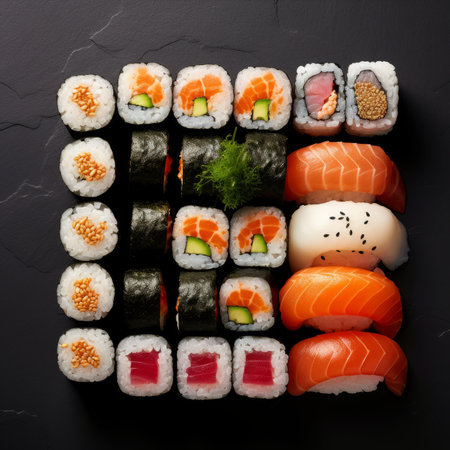 Sushi rolls on black stone background. Top view, flat layの素材