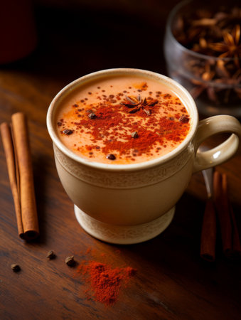 Cup of hot chocolate with spices on wooden background. Selective focus.の素材