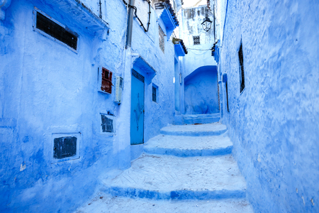 Street and building at Chefchaouen, the blue city in the Morocco. Old traditional town. Travel destination concept. Architectural decoration and design details.の写真素材