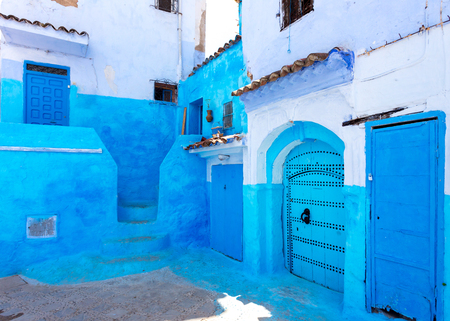 Street and building at Chefchaouen, the blue city in the Morocco. Old traditional town. Travel destination concept. Architectural decoration and design details.の写真素材