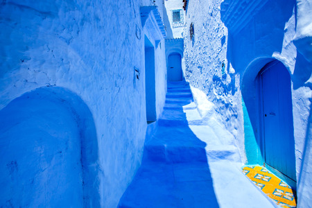 Street and building at Chefchaouen, the blue city in the Morocco. Old traditional town. Travel destination concept. Architectural decoration and design details.の写真素材