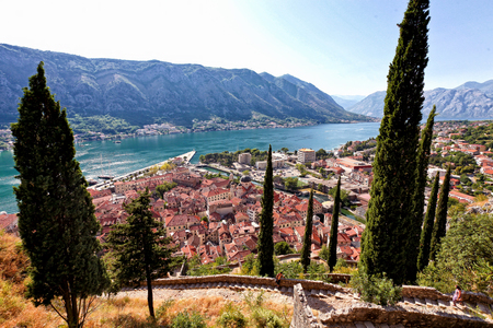 Top view on old town Kotor, Montenegro. Travel destination concept.の写真素材